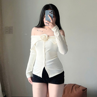BARE_Áo trễ vai dài tay phối hoa hồng chất thun gân Ruby ,áo kiểu nữ trễ vai bánh bèo phong cách hotgirl Hàn Quốc- A272