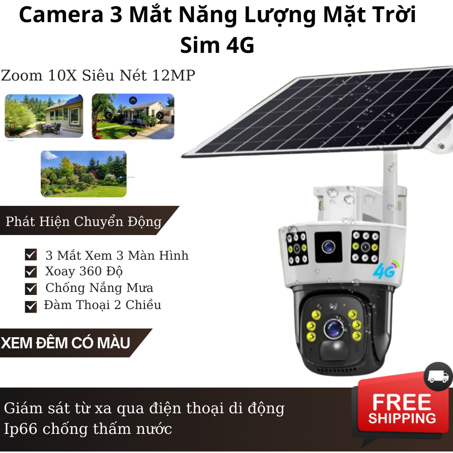 Camera Năng Lượng Mặt Trời Sim 4G 3 Mắt, Xoay 360 Độ Zoom 10X Siêu Nét 12MP, Ip66 Chống Nước