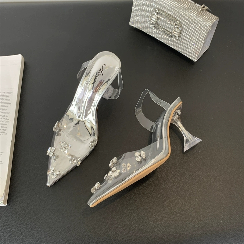 Giày Búp Bê Cao Gót Mica Trong Suốt Đính Đá 7cm Quai Trong Gót Trụ Tiểu Ly - HAI ANH SHOES