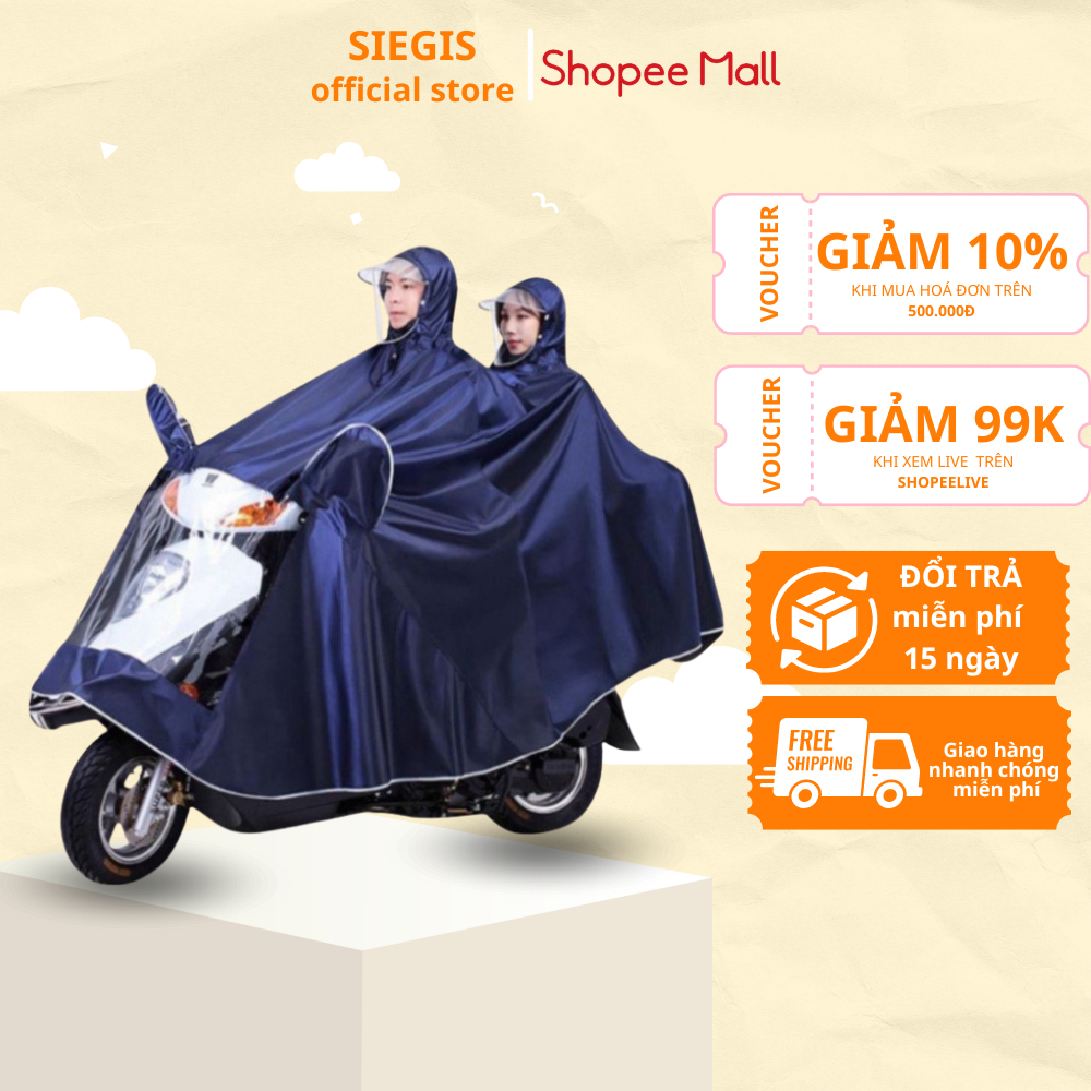 Áo Mưa Phản Quang Đi Xe Máy 1 Người Và 2 Người Che Phủ Toàn Thân, Kèm Kính Chắn Mưa Tiện Lợi ( Chính Hãng )