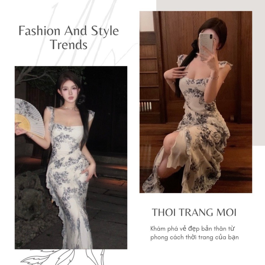 Đầm Họa Tiết Trung Hoa Tay Tiên Dáng Dài, Váy Maxi Dáng Dài