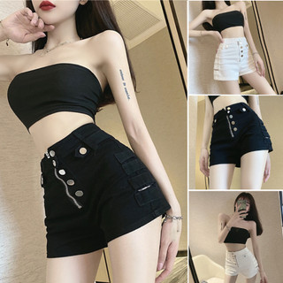 Quần đùi nữ, quần đùi nữ kaki co dãn phối khóa màu đen trắng size S M L SKUQ-11ADN huetayboutique