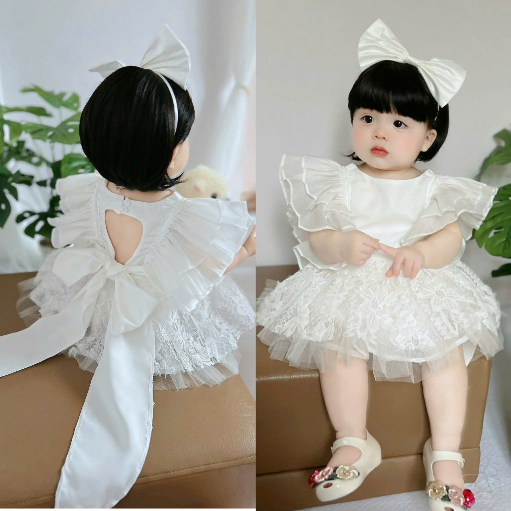 [6-14kg] Váy ren tay bèo kèm quần chip xinh xắn bồng bềnh cho bé- Tặng kèm bòm nơ- H37