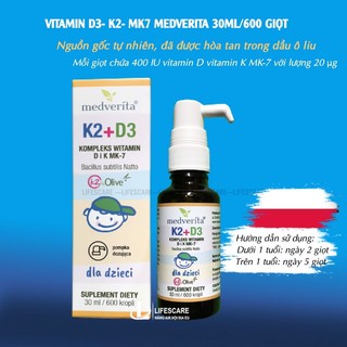 Vitamin D3 K2 MK7 Medverita nguồn gốc tự nhiên hỗ trợ và phát triển xương, răng và cơ cho bé từ sơ sinh, 30ml
