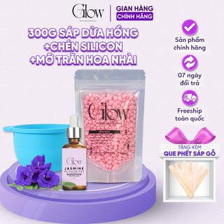  Combo 300Gr Sáp Dừa Hồng Cao Cấp GLOW + Chén Silicon Nấu Sáp+ Mỡ Trăn Hoa Nhài 10Ml TẶNG QUE CHE TÊN 