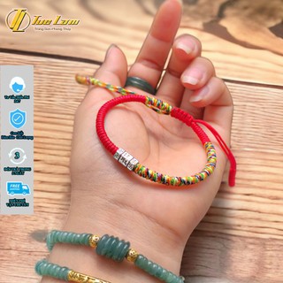 Vòng tay may mắn chỉ đỏ bện sole chỉ ngũ sắc mix charm ống trụ AgS925 khắc bình an - DIY TUỆ LÂM