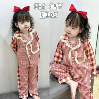  Bộ Pizama Dài Tay Cho Bé  Bộ Ngủ Dài Tay kẻ Đỏ Phối Ren Cho Bé Gái Chất Thô Mềm - Nhà Cam 