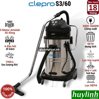 Máy hút bụi công nghiệp clepro s3/60 - 60 lít - 3 motor
