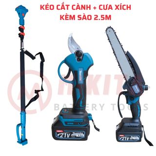 Kéo cắt cành trên cao và cưa xích trên cao dùng pin Makita kèm sào nối dài 2,5m, động cơ không chổi than