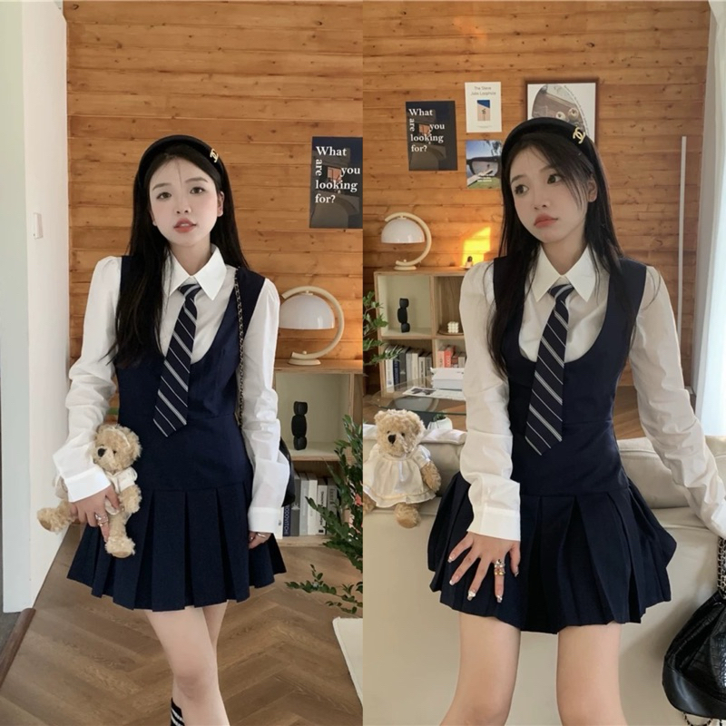 [S2.935] Set Áo Sơmi Trắng Kèm Cavat Rời Mix Yếm Tuyết Mưa Xếp Ly Dày Dặn 2 Màu | BigBuy360 - bigbuy360.vn