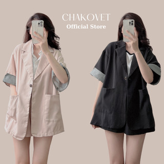 Set áo blazer nữ kèm quần S8305 kiểu áo vest nữ 1 lớp cộc tay pha kẻ 2 túi hộp, bộ đồ 2 món sang chảnh mùa hè - CHAKOVET