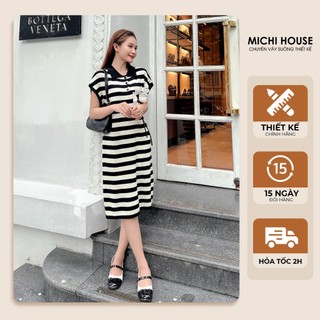 Đầm Suông Len MICHI House Váy Xuông Kẻ Sọc Cổ Polo Đính Hoa Freesize K59