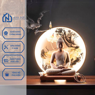 Tượng Phật Thích Ca gốm tử sa ngồi thiền an nhiên kèm kệ đèn led mặt tranh thác khói trầm hương deco