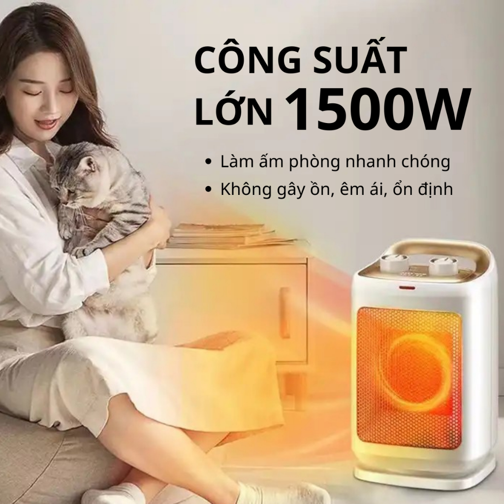 Quạt sưởi mini chính hãng công suất 1500W, quạt sưởi cho phòng ngủ, phòng khách