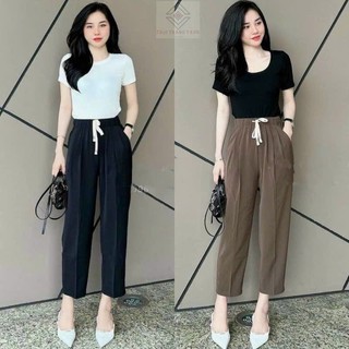 Quần baggy nữ vải ruby cạp chun lung cao có dây rút mã mới thời trang nữ-mã 148