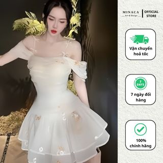 Váy xoè thêu hoa thiết kế cúp ngực nhún đầm trễ vai phối 2 dây đính nơ sang chảnh Minaca V264