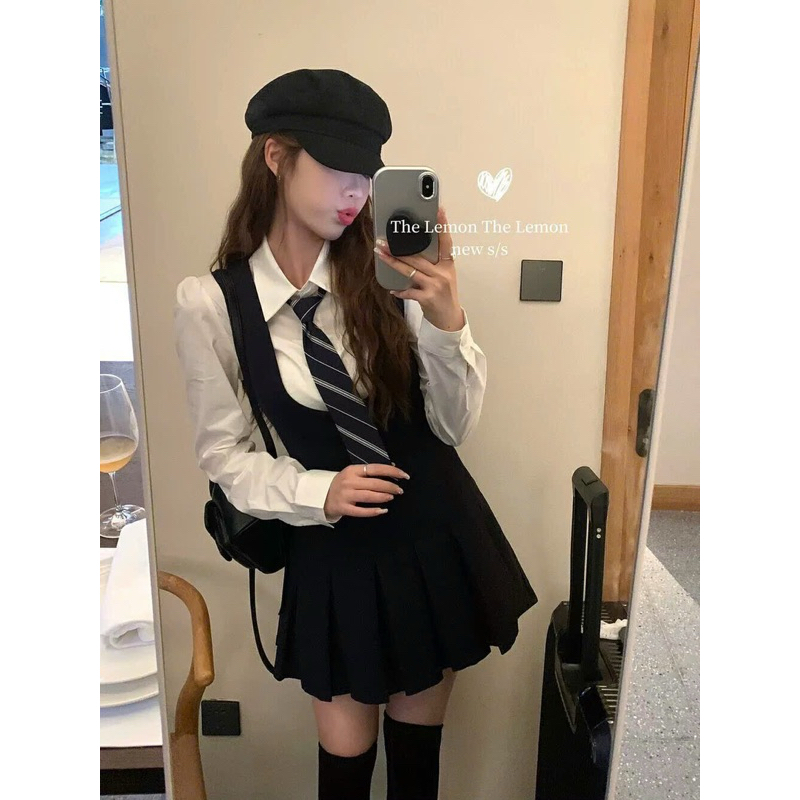 [S2.935] Set Áo Sơmi Trắng Kèm Cavat Rời Mix Yếm Tuyết Mưa Xếp Ly Dày Dặn 2 Màu | BigBuy360 - bigbuy360.vn