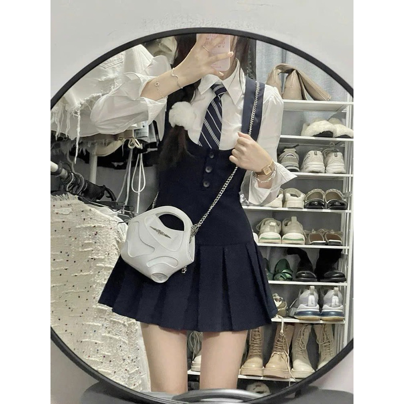 [S2.935] Set Áo Sơmi Trắng Kèm Cavat Rời Mix Yếm Tuyết Mưa Xếp Ly Dày Dặn 2 Màu | BigBuy360 - bigbuy360.vn