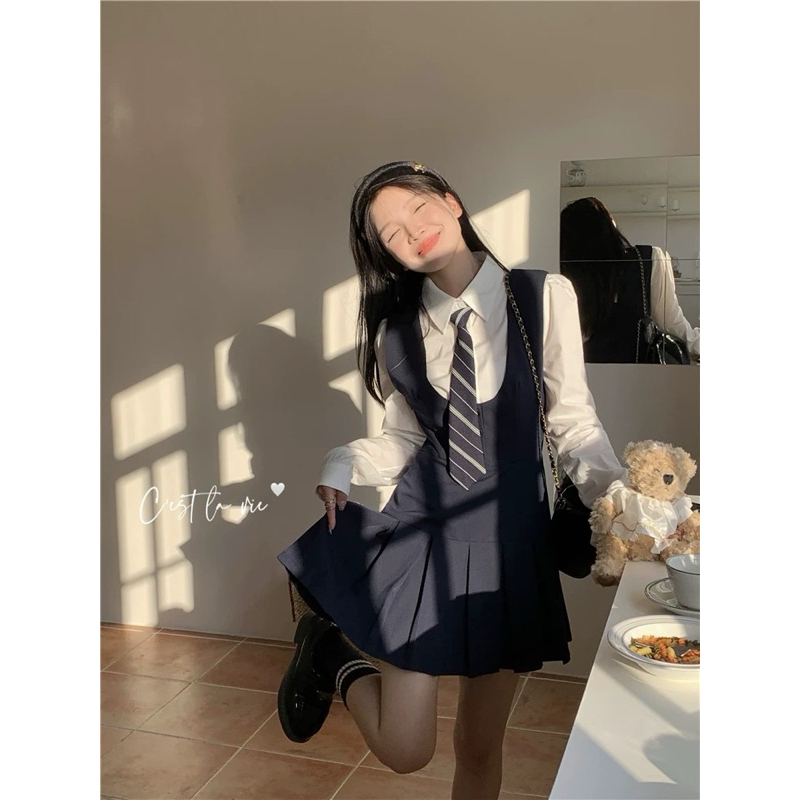 [S2.935] Set Áo Sơmi Trắng Kèm Cavat Rời Mix Yếm Tuyết Mưa Xếp Ly Dày Dặn 2 Màu | BigBuy360 - bigbuy360.vn