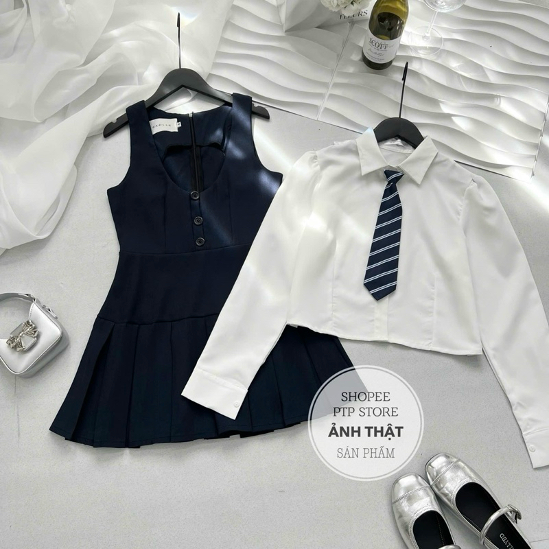 [S2.935] Set Áo Sơmi Trắng Kèm Cavat Rời Mix Yếm Tuyết Mưa Xếp Ly Dày Dặn 2 Màu | BigBuy360 - bigbuy360.vn