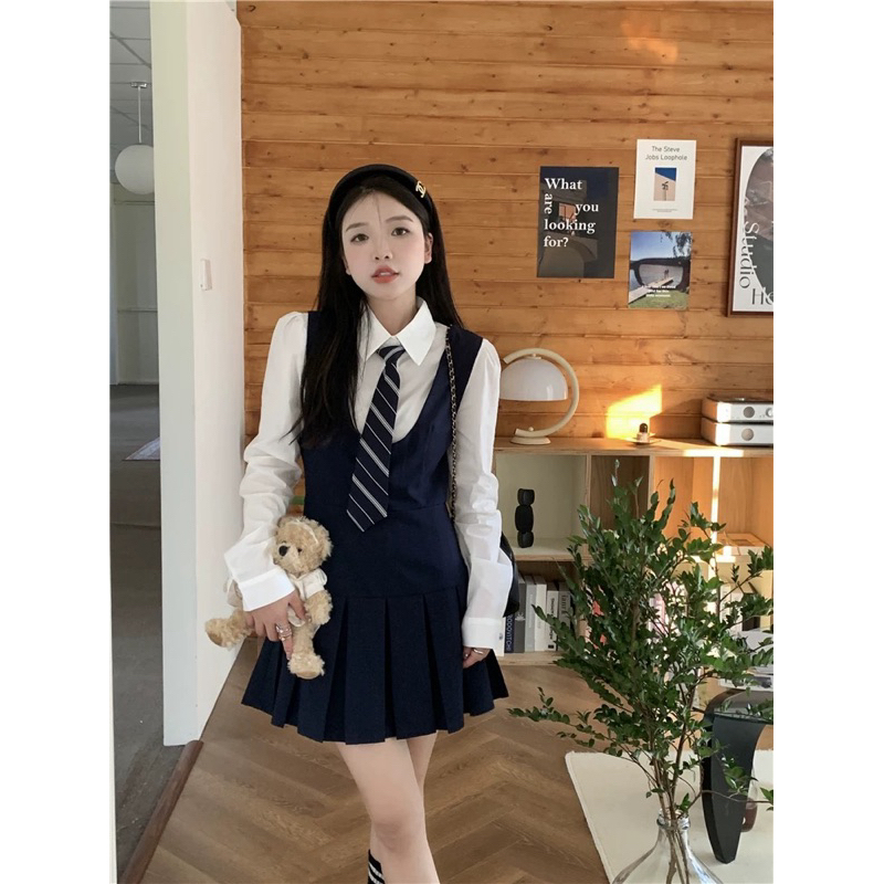 [S2.935] Set Áo Sơmi Trắng Kèm Cavat Rời Mix Yếm Tuyết Mưa Xếp Ly Dày Dặn 2 Màu | BigBuy360 - bigbuy360.vn