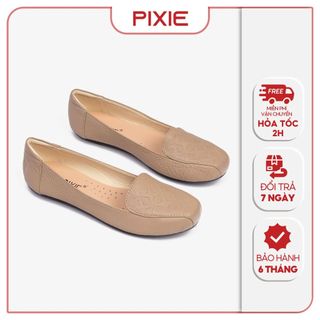 [Form rộng] Giày Búp Bê Bệt Da Thật Mũi In Họa Tiết Pixie H177