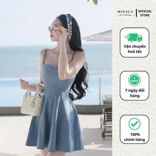 Váy xoè đi biển thiết kế tôn dáng đầm jeans 2 dây đan kiểu dáng ngắn basic Minaca Clothing V254