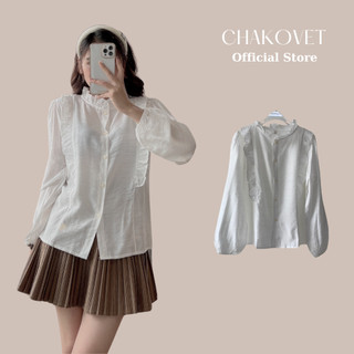 Áo sơ mi đũi cổ chữ V, Kiểu sơ mi nữ tay bo chun bèo ngực xinh xắn Freesize, áo kiểu tay dài màu trắng – A116 Chakovet