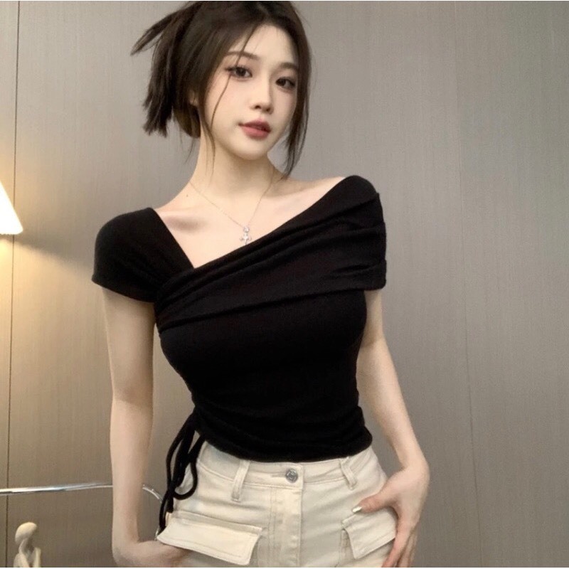 Áo thun nữ trễ vai vạt lệch phối dây rút eo dáng ôm tiểu thư áo kiểu nữ lệch vai chất thun tăm co giãn A59 Kenco SG M173 | BigBuy360 - bigbuy360.vn