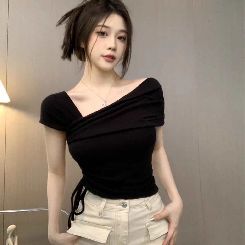 Áo thun nữ trễ vai vạt lệch phối dây rút eo dáng ôm tiểu thư áo kiểu nữ lệch vai chất thun tăm co giãn A59 Kenco SG M173 | BigBuy360 - bigbuy360.vn