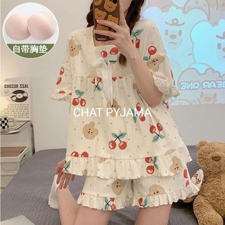 Mã 20 Sét bộ đùi pyjama gân ren nơ phối bèo Hình Zen.