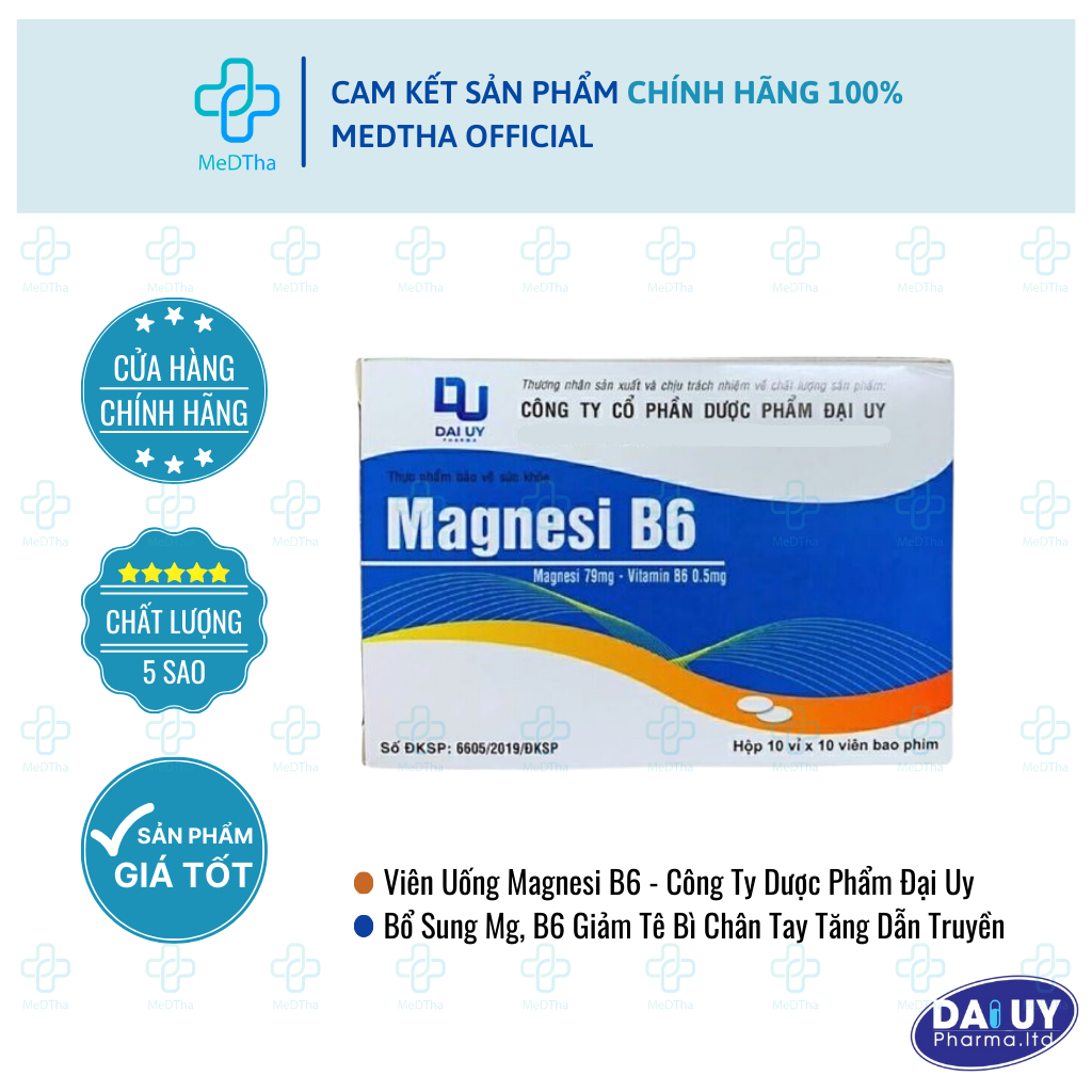 Vitamin Magnesi B6 Đại Uy - Bổ Sung Magie và B6 Giúp Giảm Đau Đầu, Mất Ngủ, Suy Nhược Cơ Thể (100V)