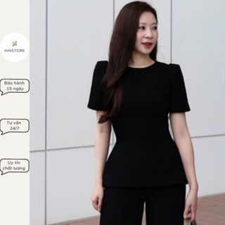 Áo sơ mi kiểu peplum công sở HINSTORE áo dáng ôm chiết eo đệm vai form đứng dáng kèm hoa cài 301