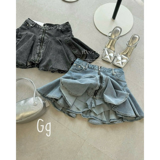 Chân váy jeans lưng chun xoè tùng khoá kéo có lót quần