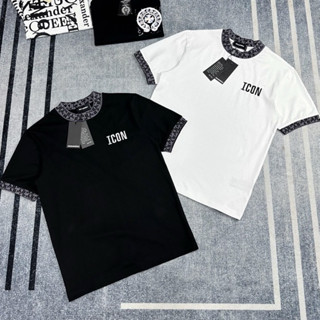 Áo Phông Nam Nữ Thêu Logo ICON Siêu Nét - Áo Thun Nam Nữ DSQ2 ICon Phối cổ Dệt BoTay Chất Cotton thoáng mát hè 2024