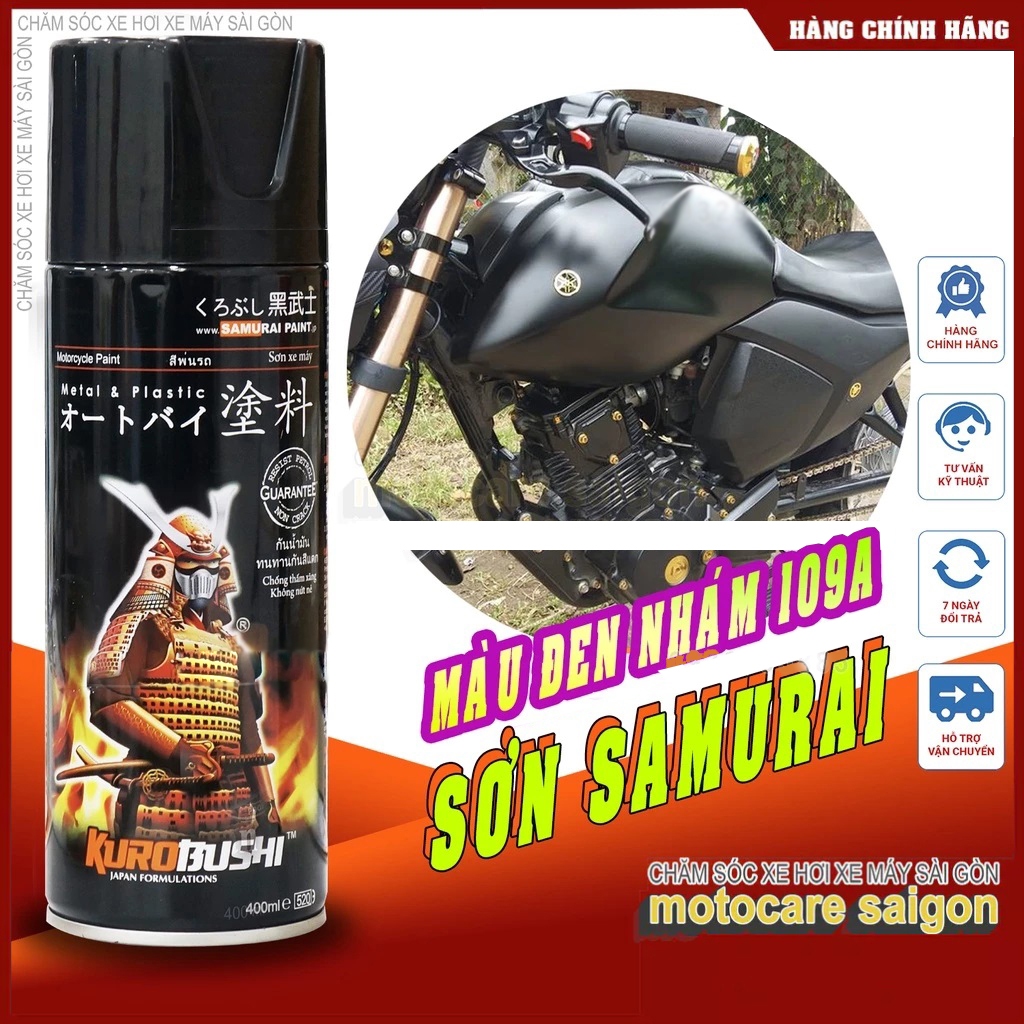 Combo Sơn xịt xe máy đen nhám mờ Samurai 109A và giấy nhám Nhật