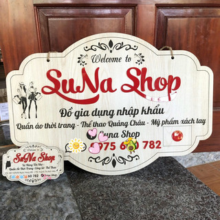 Bảng gỗ tên shop làm thiết kế theo nội dung yêu cầu, vân gỗ màu sang, dày đủ kích thước mẫu viền lựa chọn (giá xưởng)