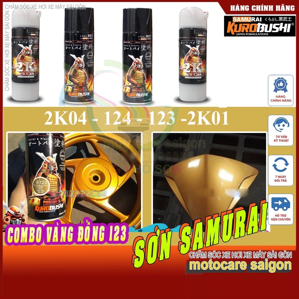 Combo chai sơn xịt samurai màu vàng k im loại 123, lót 2k04, nền 124, phủ bóng 2k01