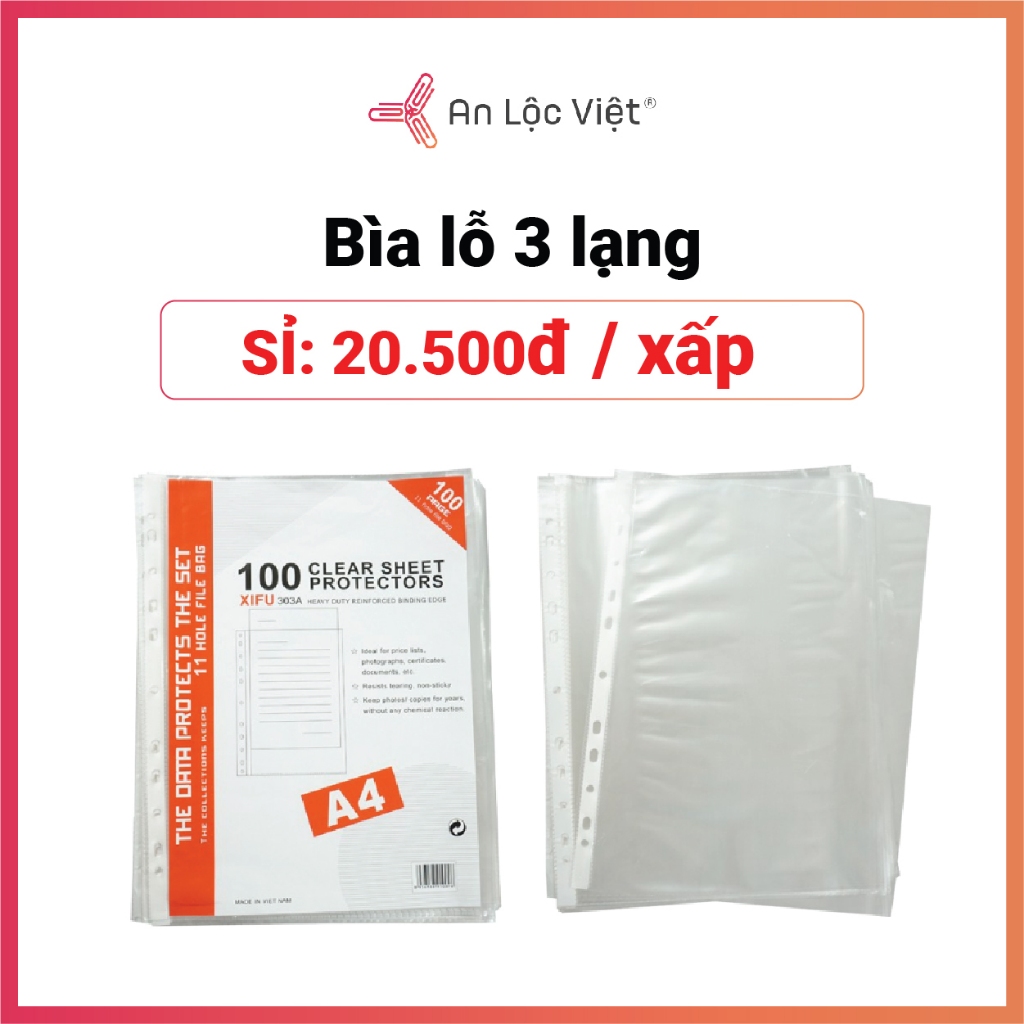 Xấp 100 tờ Bìa lỗ (File lỗ) 3 lạng với mép viền bìa nhựa 11 lỗ trong suốt, ép chắc chắn, cực dai đựng nhiều tờ giấy A4