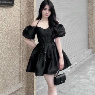 Đầm Cúp Ngực Dự Tiệc Xoè Tay Phồng JARI- CLOTHES Dây Cột Đính Hạt Ngọc Tùng