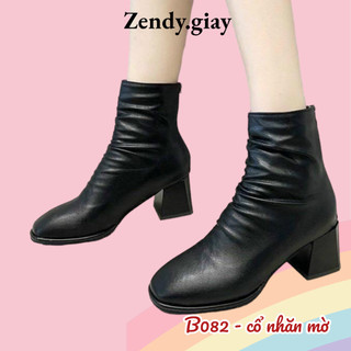 Boot Nhăn Da Mờ Cao Cấp Bốt Cổ Lỡ Gót Vuông 5 Phân Có Lót lông mềm mịn B082 (Fullbox - Ảnh Thật)