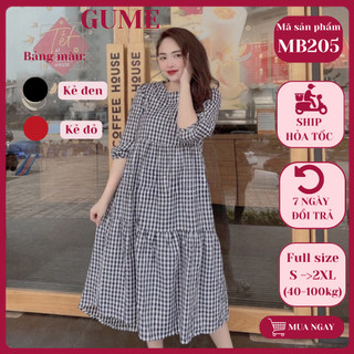 Váy bầu bigsize -Đầm bầu thiết kế GuMe 2 màu Caro Đỏ, Đen dáng 3 tầng tay lỡ chất vải thô cotton mềm mát MB205 ảnh thật