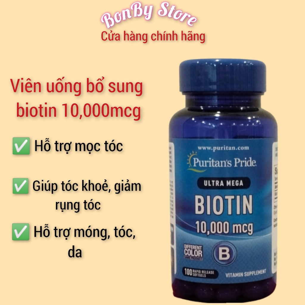 (Bill hãng) Viên uống bổ sung mọc tóc, giảm rụng tóc Biotin 10,000mg Puritan Pride 100 viên.