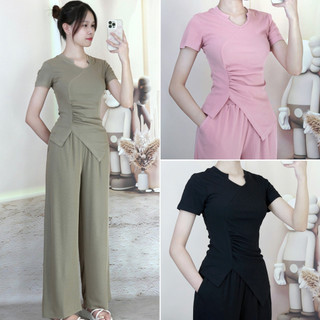 Bộ set nhún eo vạt chéo cổ V tàu kèm quần suông chất thun tăm cho nữ S18