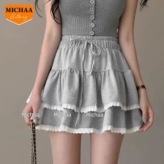 Chân váy ngắn xòe xếp tầng có lót trong xếp tầng, chân váy nỉ viền ren kiểu bèo tầng, michaa cv28