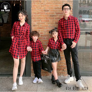 Combo Sơ Mi Váy Gia Đình Fig Tree Caro Đỏ Đen Mã 122A  Yếm Bé Gái Kèm Áo Thun  