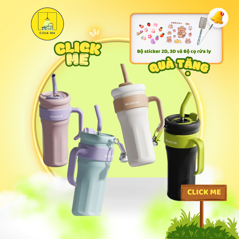 Ly giữ nhiệt cao cấp inox 316 Believe Me 1250ml, cốc giữ nhiệt có ống hút tặng kèm sticker 2D, 3D, c