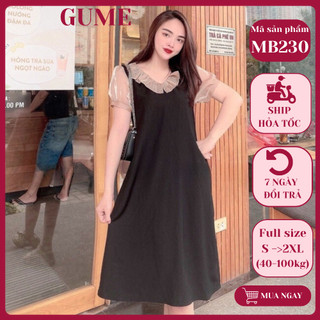 Váy bầu bigsize - Đầm bầu thiết kế GuMe màu đen dáng suông phối tay cổ voan kính chất vải sạn lụa size từ 40-100kg MB230