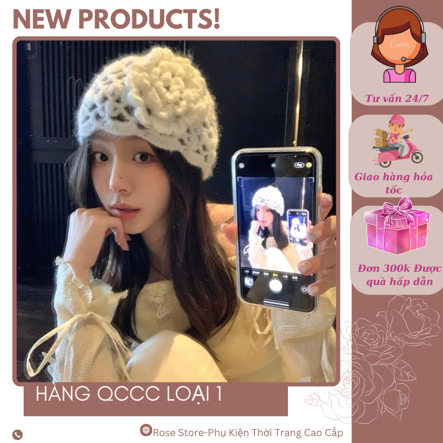 (RS1116)Mũ Len Dệt Kim Mỏng đan hoa_ Mũ đan mỏng ROSE Store 2009 Nón len đan hoa cao cấp thời trang 