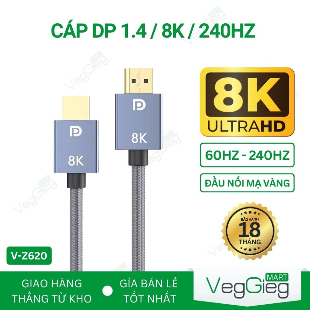 Cáp DisplayPort 1.4 VegGieg  hỗ trợ độ phân giải 8K (7680x4320)@60Hz, 4K@144Hz, 2K@165Hz, và 1080P@2